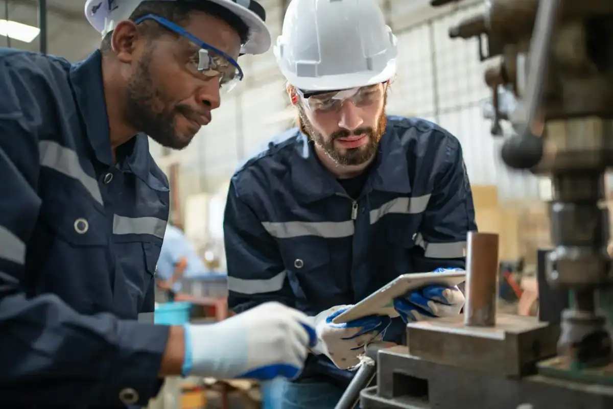 Technicians reviewing inspection data on a tablet at an industrial site
